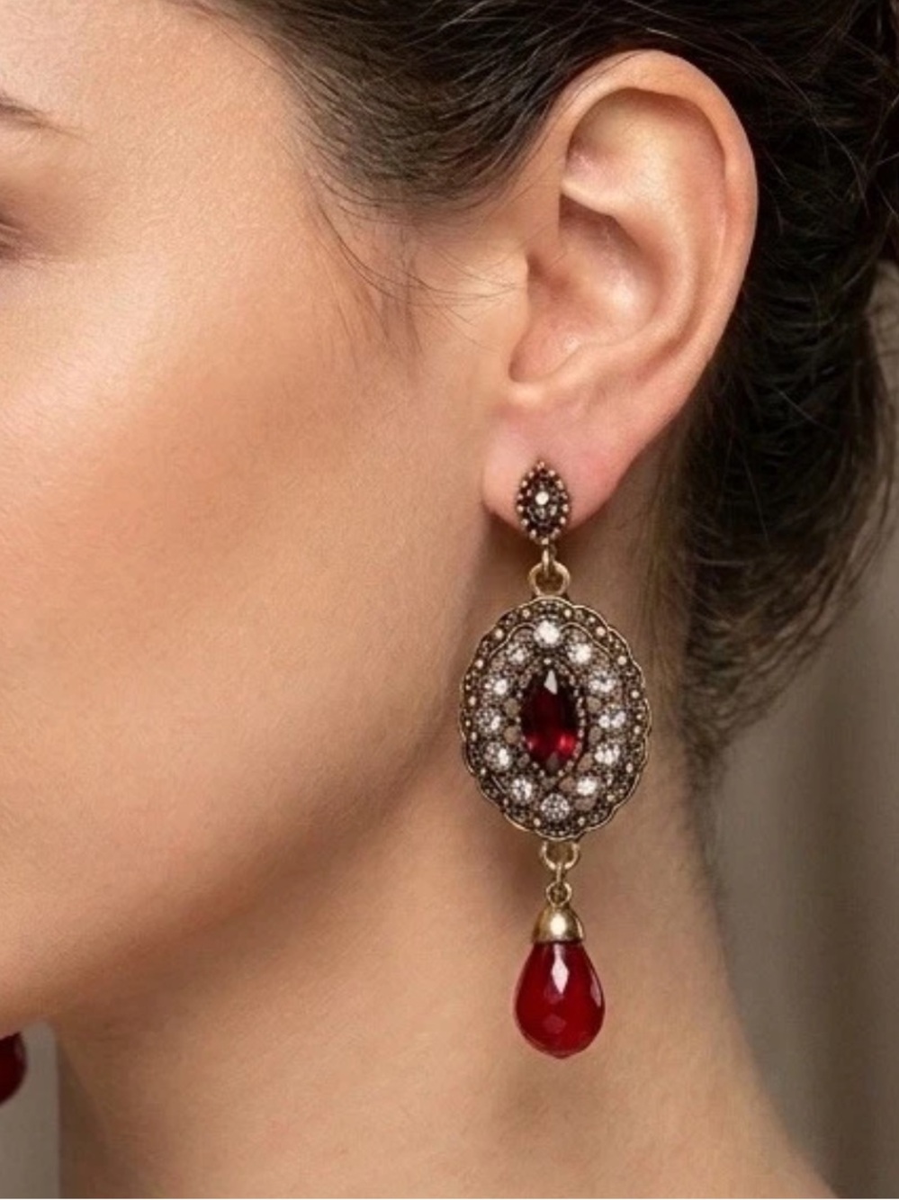 Gold Plated Carnelian Marcasite Crystal Chandelier Dangle Earrings